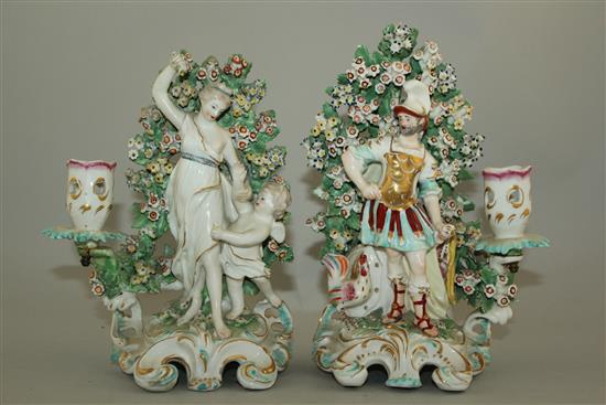 A pair of Derby candlestick groups, c.1770, 20cm and 21.5cm